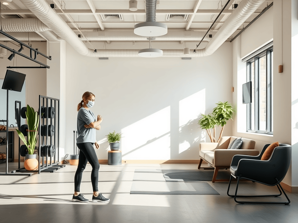 Espace d'entraînement dégagé dans un salon pour un coaching sportif à domicile